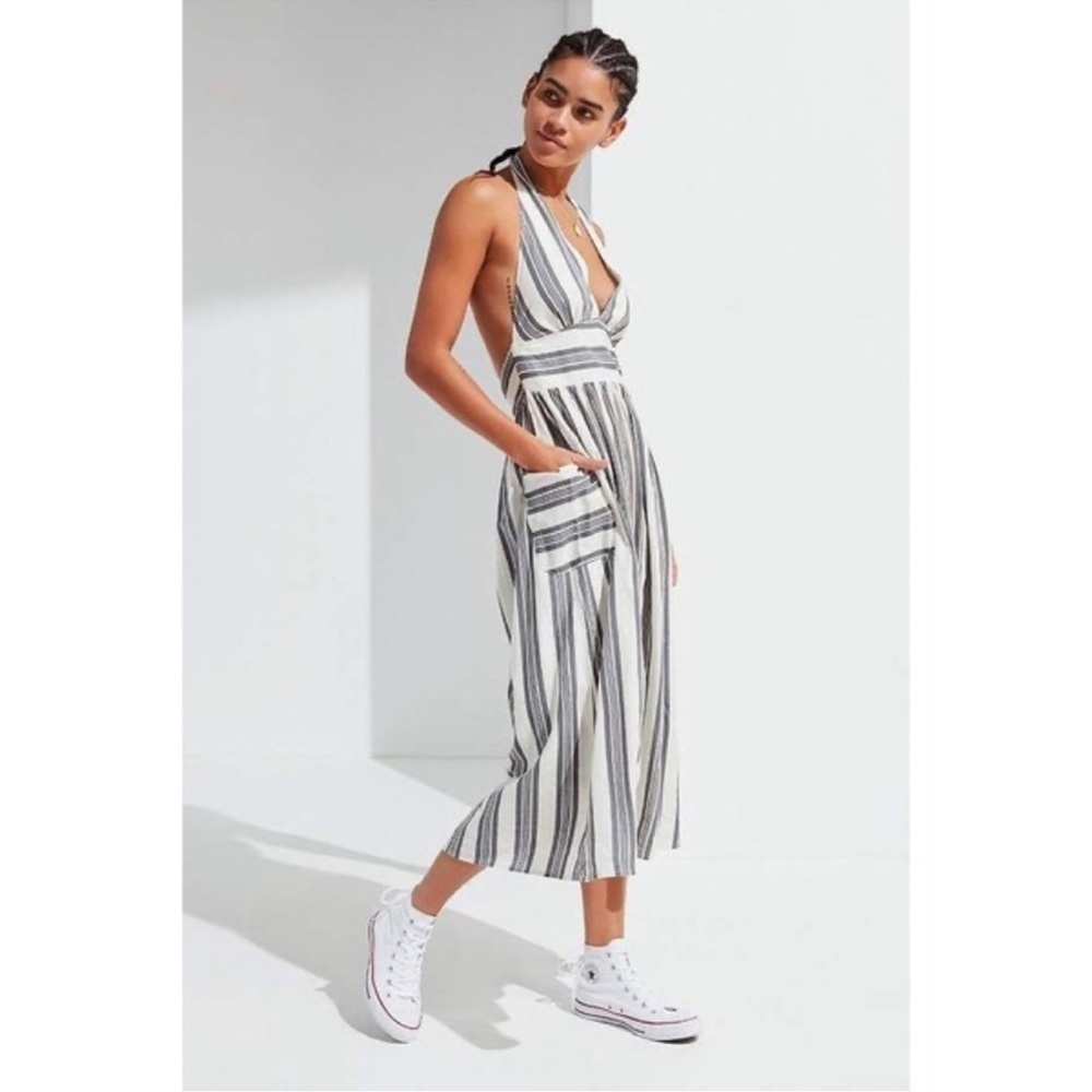 Urban Outfitters Small Betsey Striped Linen Halter Midi Dress Minimalist Cottage